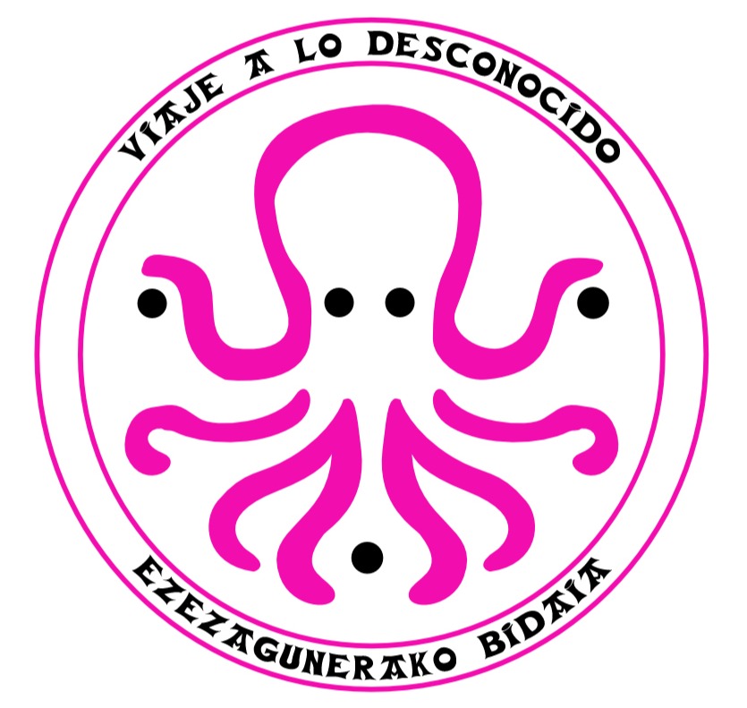 Viaje a lo desconocido logo fuksia fondo blanco | Hall Escape room