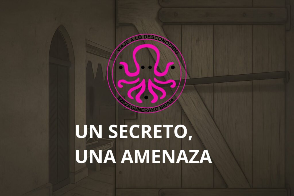 Hall Escape room en Bilbao | puerta de entrada Viaje a lo desconocido con logo