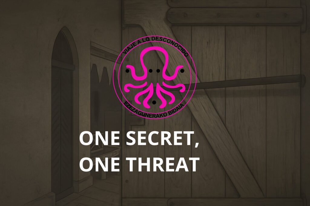 Hall Escape room in Bilbao | entrance door to Journey into the Unknown with logo