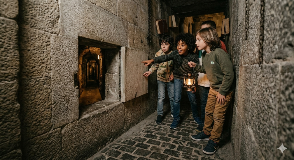 Escape room Bilbao niños | niños jugando en la Abadía de Atxuri