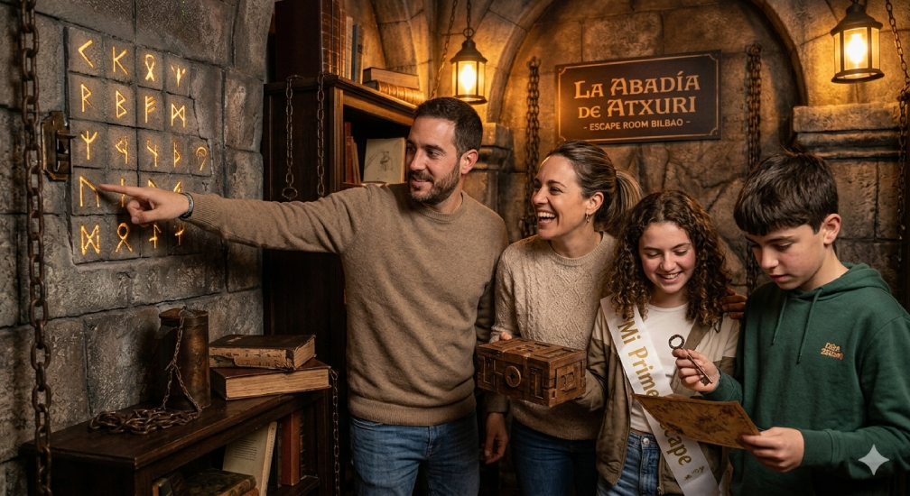escape room cumpleaños en Bilbao La Abadía de Atxuri | familia celebrando